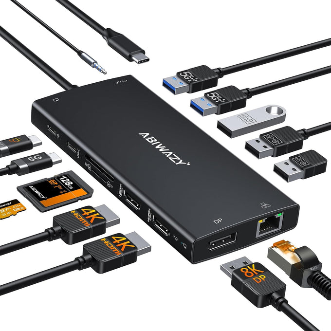 USB C Docking Station Dual Monitor, ABIWAZY 15 in 1 Laptop Docking Station