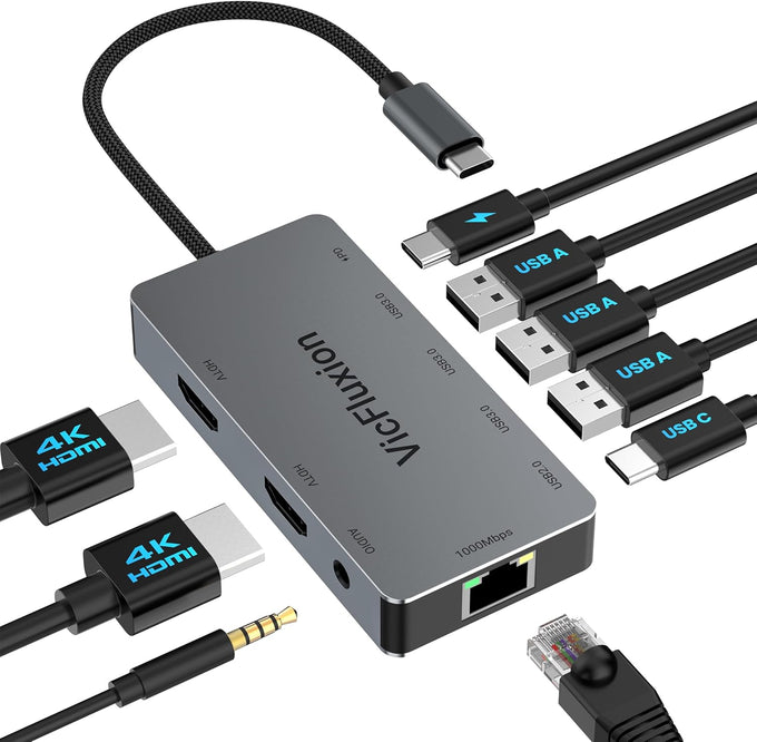Docking Station Dual Monitor, USB C Hub Multiple Port Adapter with 2 HDMI