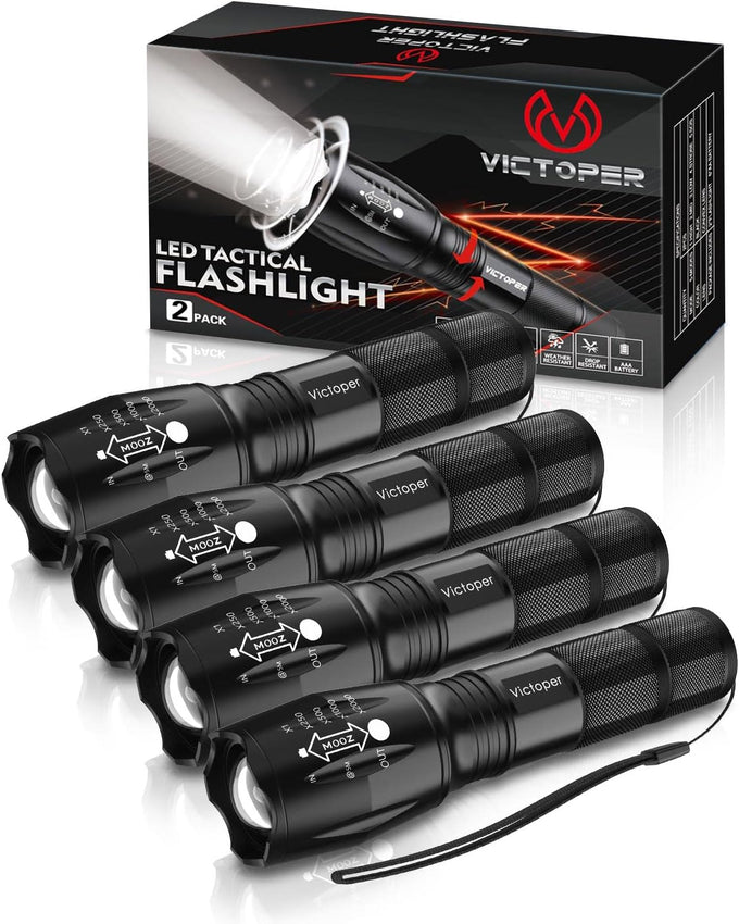 Victoper LED Flashlight 2 Pack, Bright Tactical Torch High Lumens 5 Modes, Waterproof Zoomable Flash Light for Outdoor, Birthday Gifts for Men, Dorm Room Hiking Camping Essentials Gear for Guys