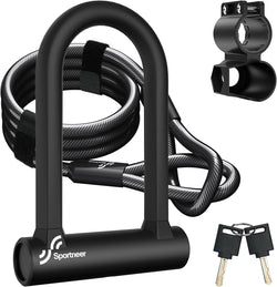 Sportneer Bike Lock: Heavy Duty Anti Theft Bike U Lock with 5ft Security Steel Cable - 17mm Shackle Bicycle U-Locks with 2 Keys & Mounting Bracket for Road Mountain Bike, Size 7.76''x5.02'', 1.64lb