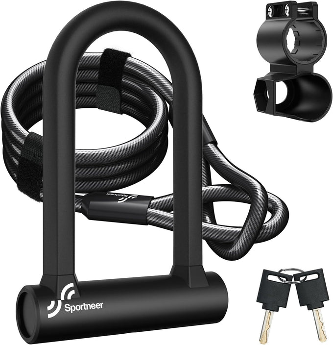 Sportneer Bike Lock: Heavy Duty Anti Theft Bike U Lock with 5ft Security Steel Cable - 17mm Shackle Bicycle U-Locks with 2 Keys & Mounting Bracket for Road Mountain Bike, Size 7.76''x5.02'', 1.64lb