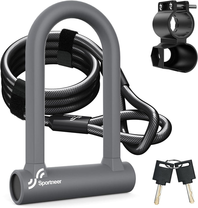Sportneer Bike Lock: Heavy Duty Anti Theft Bike U Lock with 5ft Security Steel Cable - 17mm Shackle Bicycle U-Locks with 2 Keys & Mounting Bracket for Road Mountain Bike, Size 7.76''x5.02'', 1.64lb