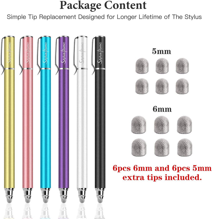 Stylus Pens for Touch Screens(6 Pcs), 2 in 1 Fiber Tips Capacitive Stylus