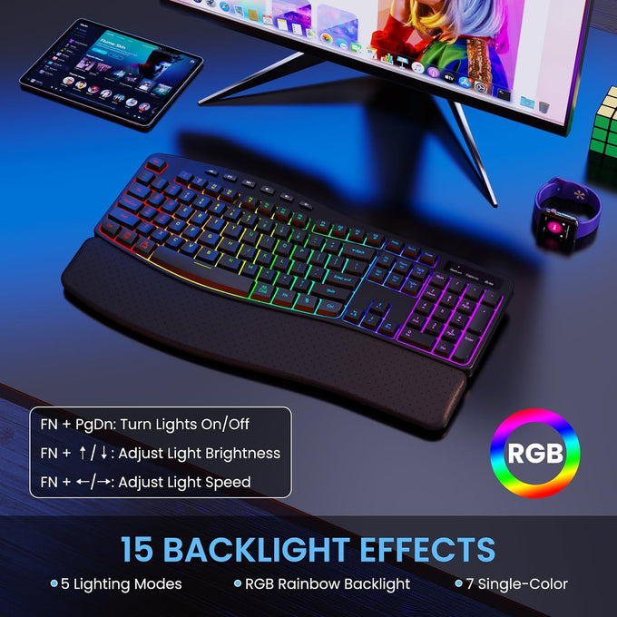 COLIKES Wireless Ergonomic Keyboard, Backlit Keyboard Silent with 15 RGB Lighting Effects, Leather Wrist Rest, 2500mAh Rechargeable, Multimedia Keys, Wave Keyboard for PC Computer Laptop Windows Mac