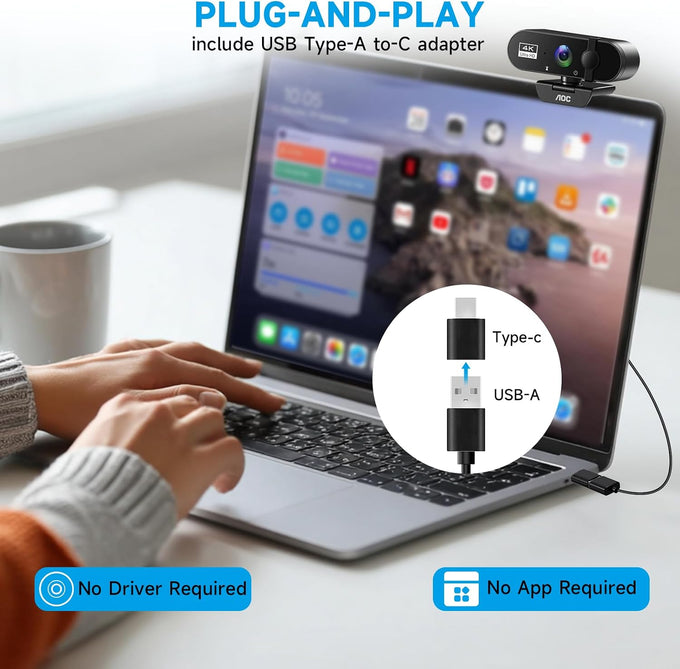 AOC 4K Webcam for PC, Streaming Computer Camera with Noise-Canceling Mic