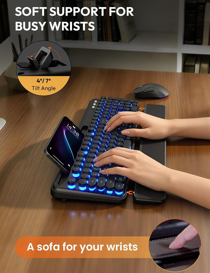 Wireless Keyboard and Mouse, Backlit Typewriter with Magnetic Wrist Rest