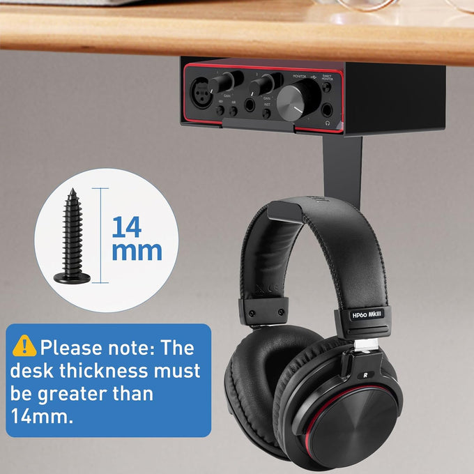 Under Desk Mount for Focusrite Scarlett Solo 3rd Gen/Solo 4th Gen with Headphone Hanger Stand,Under Desk Metal Shelf Organizer for Audio Interfaces and Studio Gear (Black Holder Only)