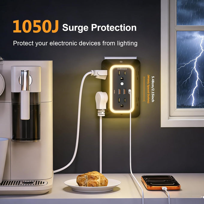 Wall Outlet Extender with Night Light, Power Plug Adapter 6 Outlet Extender with 4 USB Charging Ports（2 USB C）,1050J Power Strip Multi Plug Adapter Spaced for Home Office Travel-Black-ETL
