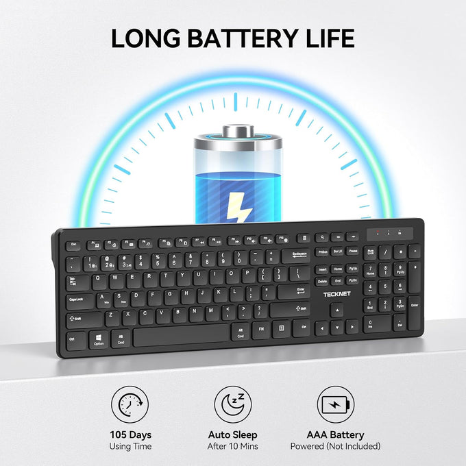TECKNET Wireless Keyboards Full Size, Bluetooth+2.4G USB for Windows, Black