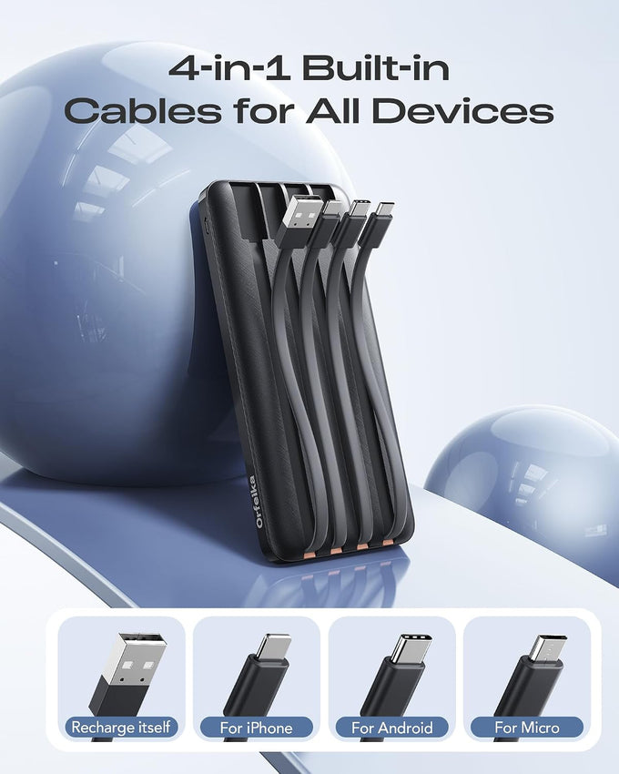 Orfeika 20000mAh Power Bank, Portable Charger with 4 Built-in Cables