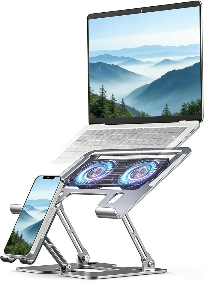 Laptop & Phone 2-in-1 Cooling Stand with Silent Fan, Adjustable Height & Angle, Carbon Steel Foldable Laptop Riser, Gaming Laptop Cooler Pad for Laptops Up to 18 Inch (Silver)