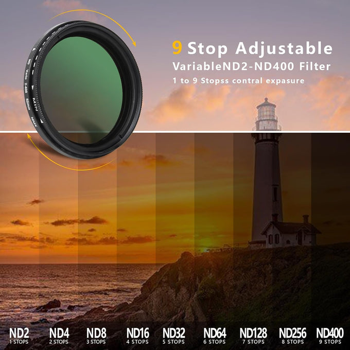 52MM Variable ND2-ND400 Filter, Ultra Slim Multi-Coated Adjustable Neutral Density Filter, Clip-on Phone Lens ND Filter Kit, Compatible for iPhone 15 14 13 12 11, Google Pixel and Other Smart Phones