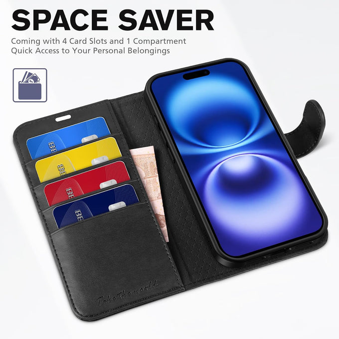 TUCCH Wallet Case for iPhone 16 (6.1") 2024, 4 Card Holders, Black