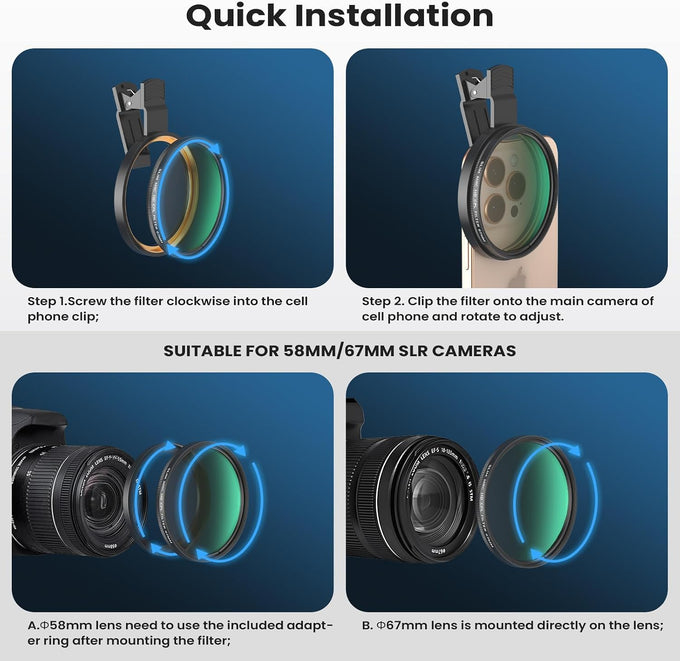 67mm CPL Filter for Phone/DSLR, HD Circular Polarizing Filter