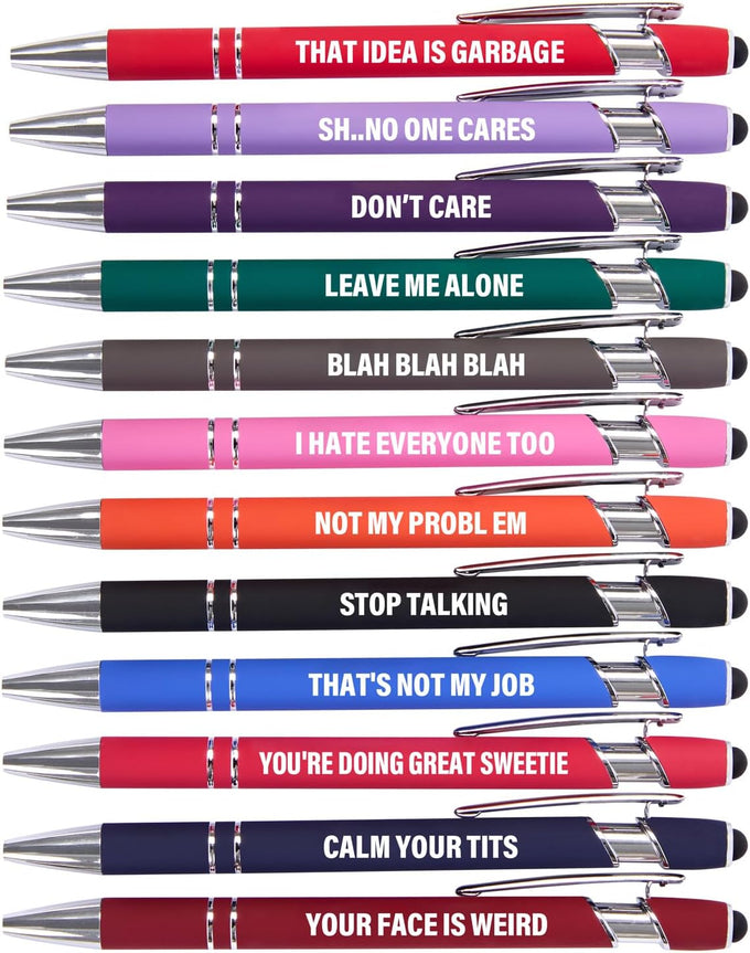 Actsun Funny Pens, 12 Pack Fine Point Smooth Writing Ballpoint Pens with Inspirational Tips, Black Ink, Touch Stylus Screens, Motivational Gift for Office & Desk Accessories