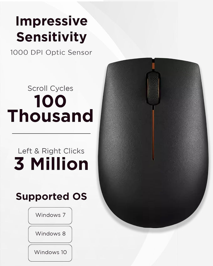 Lenovo 300 Wireless Mouse, Black, Computer Mouse for PC and Laptop with Windows, Ambidextrous Design, 2.4 GHz Nano USB Receiver, 12 Month Battery Life