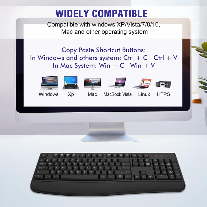 QUASIO Wireless Keyboard, 2.4G Full-Sized Ergonomic Wireless Computer Keyboard with Wrist Rest for Windows, Mac OS Laptop/PC/Desktop/Notebook(Black)