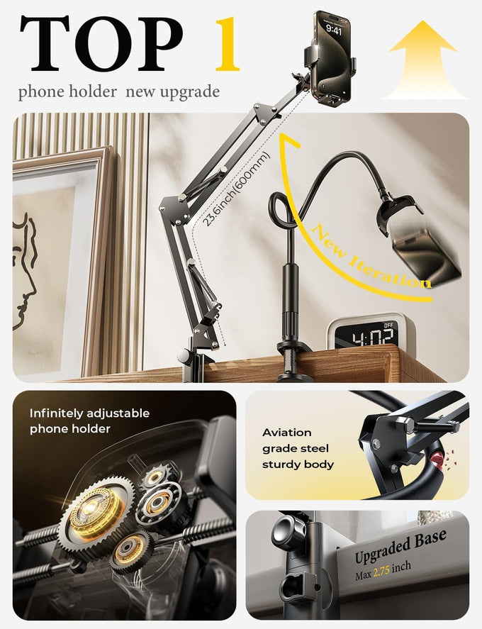 LISEN Cell Phone Holder for Bed Desk, Overhead Phone Mount iPhone Recording