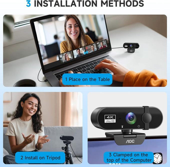 AOC 4K Webcam for PC, Streaming Computer Camera with Noise-Canceling Mic