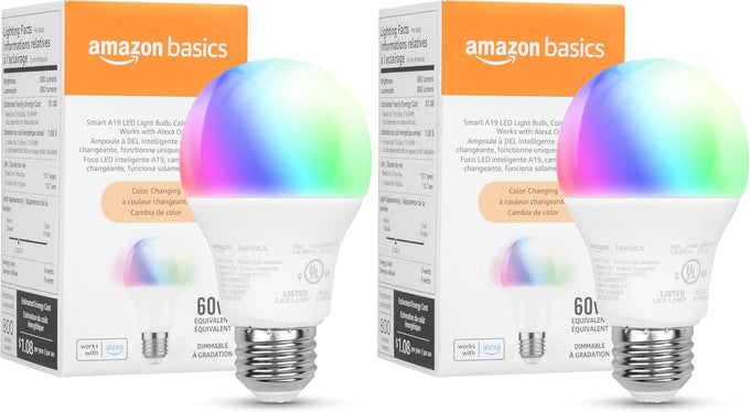 Amazon Basics Smart A19 LED Light Bulb, Color Changing, 9W (60W Equivalent), 800LM, Works with Alexa Only, WiFi 2.4 GHz, No Hub Required, Mood Lighting, Energy Efficient, 1-Pack