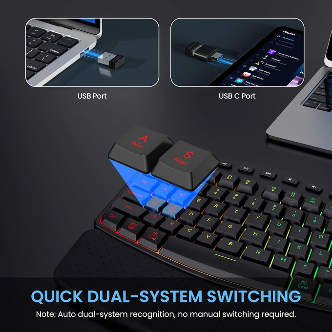 COLIKES Wireless Ergonomic Keyboard, Backlit Keyboard Silent with 15 RGB Lighting Effects, Leather Wrist Rest, 2500mAh Rechargeable, Multimedia Keys, Wave Keyboard for PC Computer Laptop Windows Mac