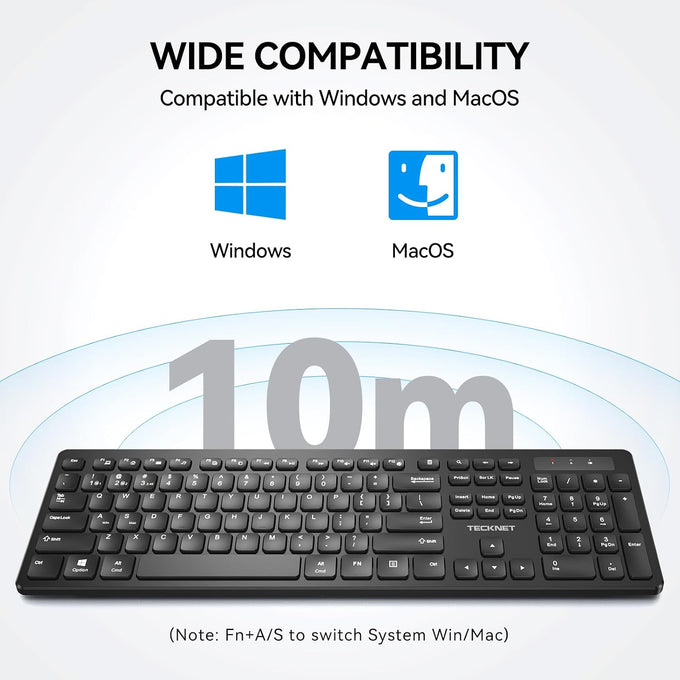 TECKNET Wireless Keyboards Full Size, Bluetooth+2.4G USB for Windows, Black