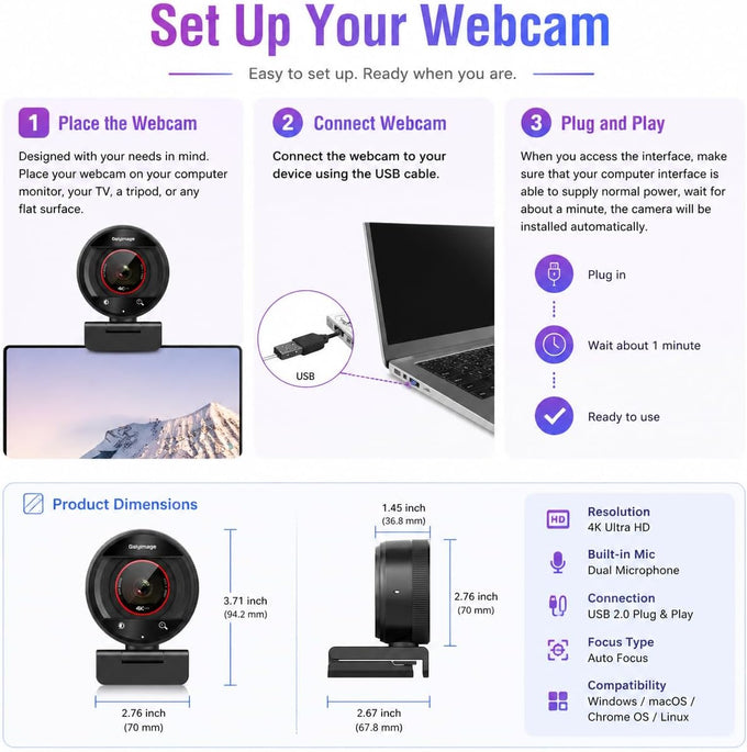 4K Webcam for PC Computer PDAF Autofocus with Built-in Microphone Windows