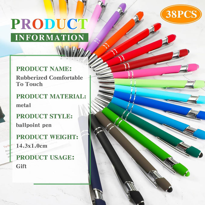 38 Pcs Ballpoint Pen 2-in-1 Stylus, Metal Rubberized Grip, Assorted Colors