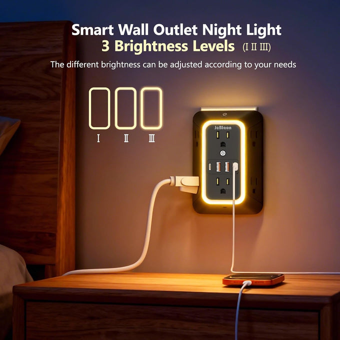 Wall Outlet Extender with Night Light, Power Plug Adapter 6 Outlet Extender with 4 USB Charging Ports（2 USB C）,1050J Power Strip Multi Plug Adapter Spaced for Home Office Travel-Black-ETL