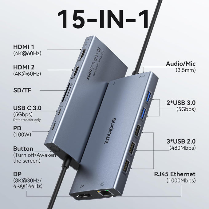 USB C Docking Station Dual Monitor Laptop Docking Station 2 HDMI 4K DP 8K