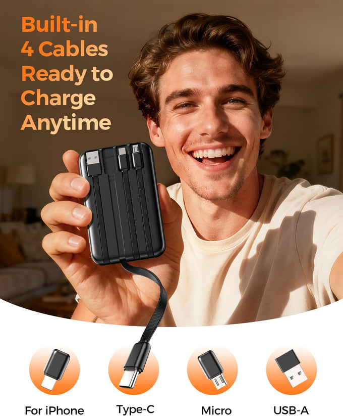Portable Charger 10000mAh with 4 Built-in Cables 40% Smaller