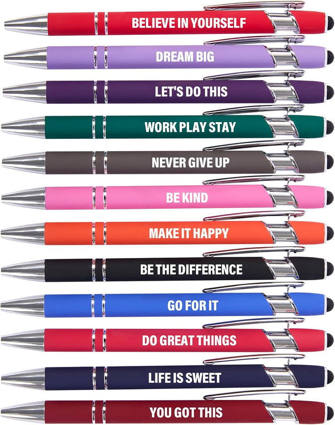 Actsun Funny Pens, 12 Pack Fine Point Smooth Writing Ballpoint Pens with Inspirational Tips, Black Ink, Touch Stylus Screens, Motivational Gift for Office & Desk Accessories