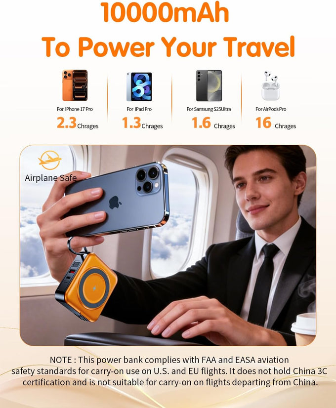 10000mAh for Magsafe Portable Charger Built-in Cables & AC Wall Plug,Orange