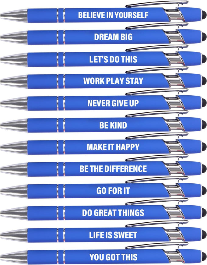 Actsun Funny Pens, 12 Pack Fine Point Smooth Writing Ballpoint Pens with Inspirational Tips, Black Ink, Touch Stylus Screens, Motivational Gift for Office & Desk Accessories