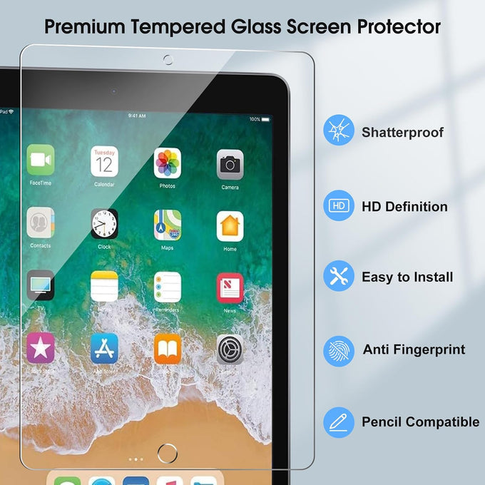 Qularlans Screen Protector for iPad 9.7 (6th/5th Gen), iPad Air 1/2, iPad Pro 9.7, 2-Pack Tempered Glass, 9H Hardness, Anti-Fingerprint, Apple Pencil & Case Friendly