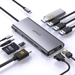 OPXYL 11-in-1 USB C Hub Multiport Adapter, USB C Docking Station with 4K HDMI, VGA 1080P, 100W PD, Ethernet, SD/TF, Audio, USB 3.0 Port, Laptop Dock for MacBook Pro/Air, iPad, Windows