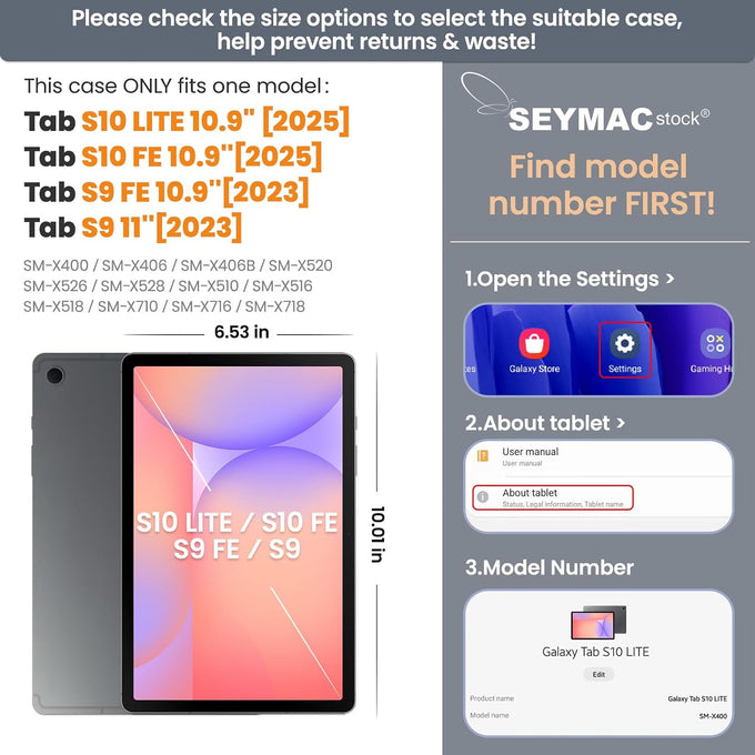 SEYMAC stock Case for Samsung Galaxy Tab S10 Lite / S10 FE / S9 FE 5G / S9 Tablet Case 10.9''/ 11'' Protective with Screen Protector, Pen Holder, 360 Rotate Stand, Hand Strap, Shoulder Strap, Black1