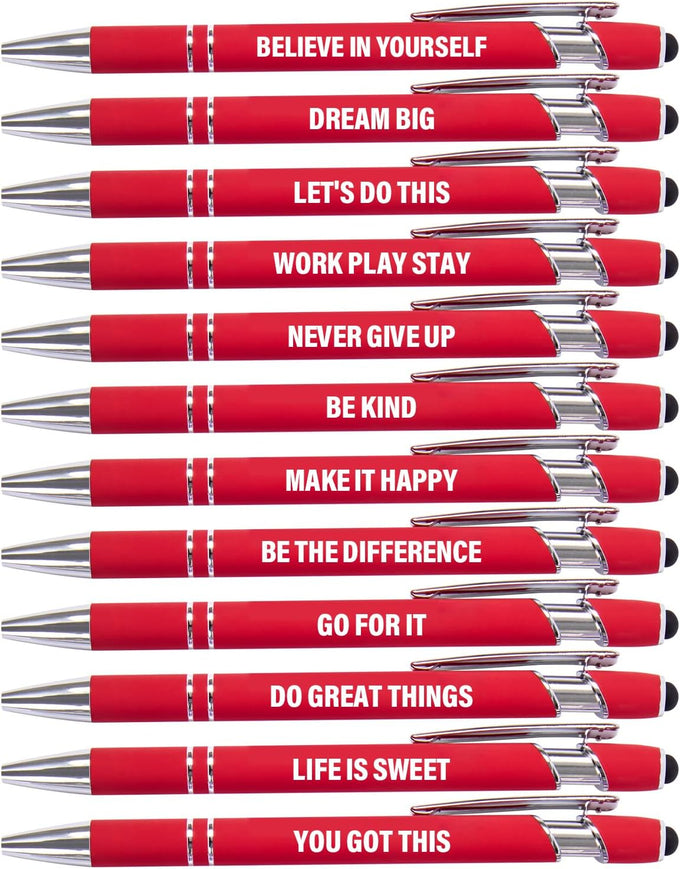 Actsun Funny Pens, 12 Pack Fine Point Smooth Writing Ballpoint Pens with Inspirational Tips, Black Ink, Touch Stylus Screens, Motivational Gift for Office & Desk Accessories