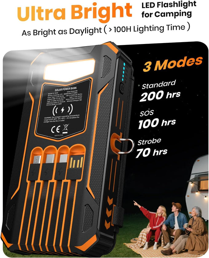SOARAISE Solar Power Bank 48000mAh Wireless Portable Charger with 4 Cables
