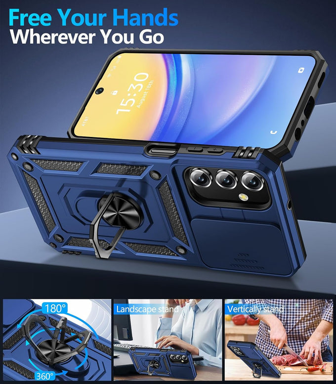 BaHaHoues for Samsung Galaxy A15 5G Case with Screen Protector & Slide Camera Lens Cover,Built-in 360°Rotate Magnetic Ring Stand Shockproof Protective Phone Case for Samsung A15 5G Case (Blue)