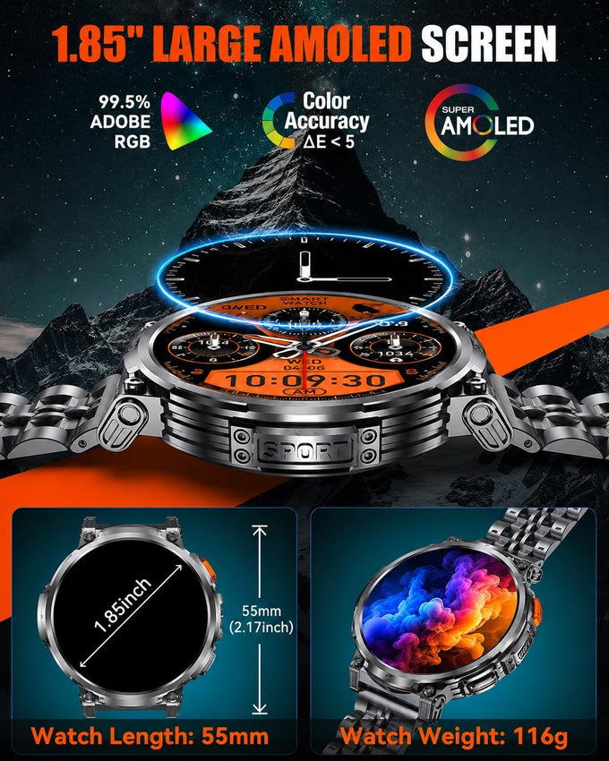 1.85" Big Screen Military Smart Watch for Men with Flashlight, 930mAh Large Battery, IP68 Waterproof, Bluetooth Calling, 114 Sports Modes, Heart Rate/Sleep Monitor for iPhone & Android