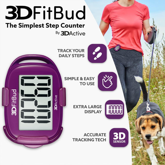 3DFitBud Simple Step Counter Walking 3D Pedometer by 3DActive with Clip, Lanyard Accurate Step Tracker Large Display, Easy to Use for Kids Men Women Adult Seniors Daily Step Tracking - A420S