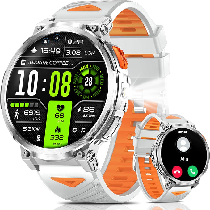 1.85" Big Screen Military Smart Watch for Men with Flashlight, 930mAh Large Battery, IP68 Waterproof, Bluetooth Calling, 114 Sports Modes, Heart Rate/Sleep Monitor for iPhone & Android