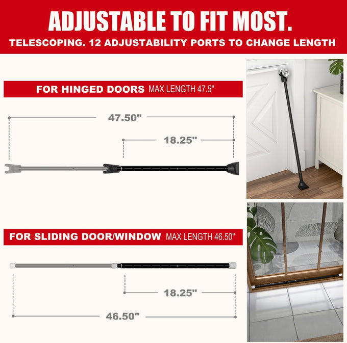 SecurityMan 2-in-1 Door Security Bar & Sliding Patio Door Security Bar (2 Pack) via Interchangeable Caps - Constructed of High Grade Iron - Black