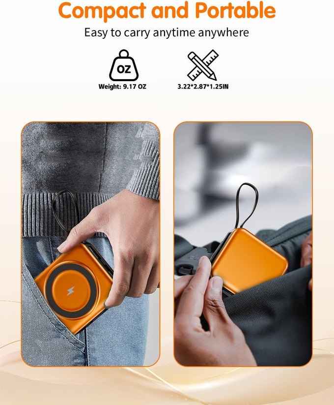 10000mAh for Magsafe Portable Charger Built-in Cables & AC Wall Plug,Orange