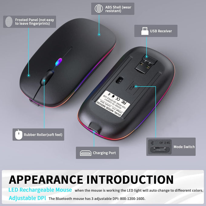 KANMABPC Wireless Bluetooth Mouse, Silent Dual Mode Mouse(Black)