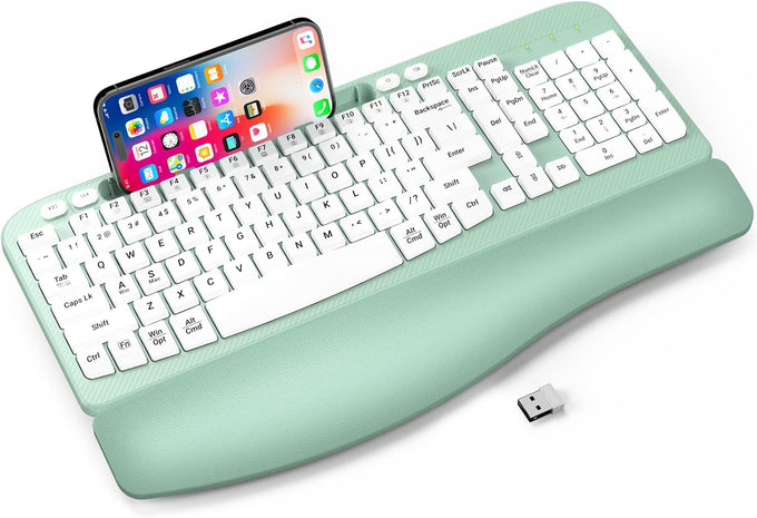 EAYBLLY 2.4G Wireless Ergonomic Keyboard, Full Size Wave Keys with Memory Foam Wrist Rest & 7.28in Phone Holder, USB-C Adapter Included for Windows Mac Chrome OS, Office or Home (Black)