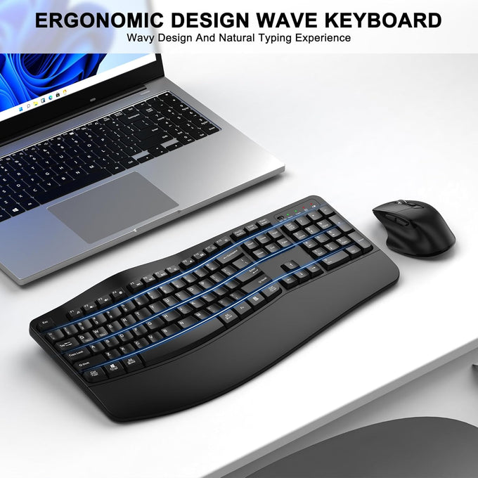 Wireless Keyboard and Mouse Combo, 2.4G Ergonomic Wave Keys(Black)
