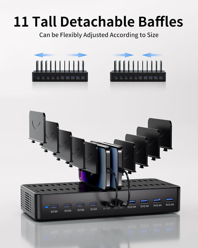 100W Charging Station for Multiple Devices, 10-Port USB Fast Charger, Black