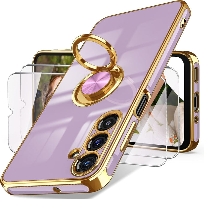 Dretal Plated Gold Edge Rotate Kickstand Case for Samsung Galaxy A16-Purple
